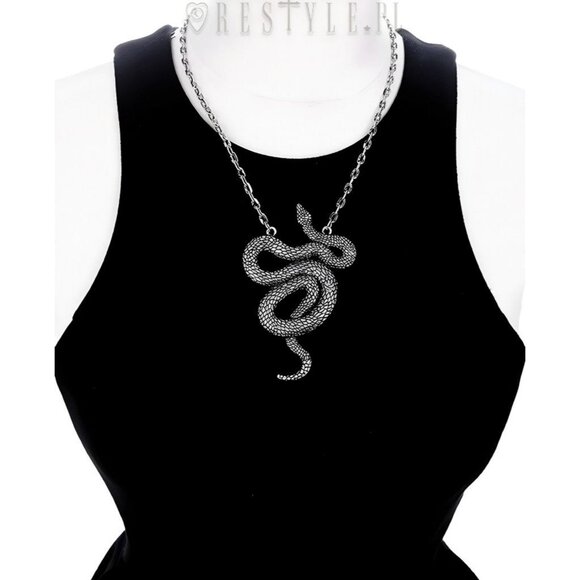 Large Snake Pendant Necklace – Restyle Gothic Serpent ✦ Antiqued Silver ✦ Rare - Picture 1 of 6